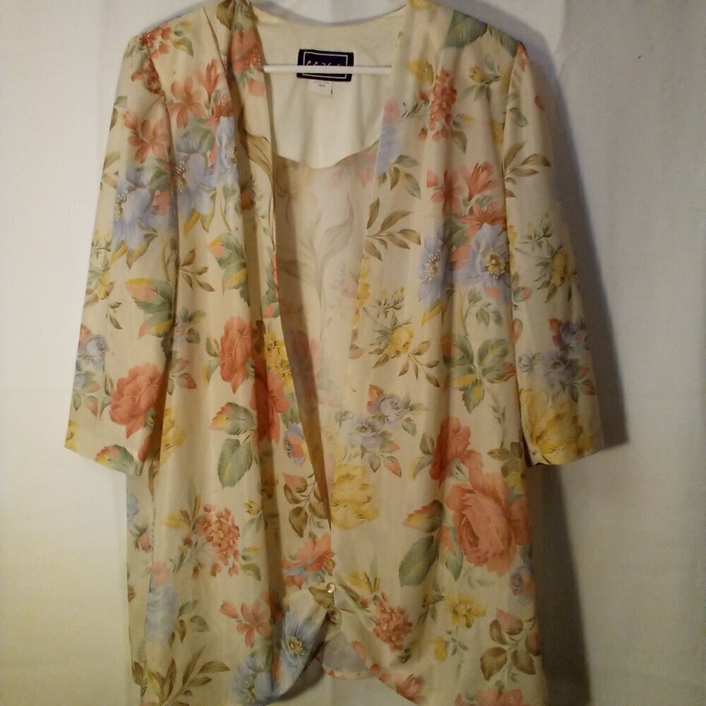 LL Martin Open Front Blouse 16W Simi Sheer Half Sleeve Floral Cream Pink Green